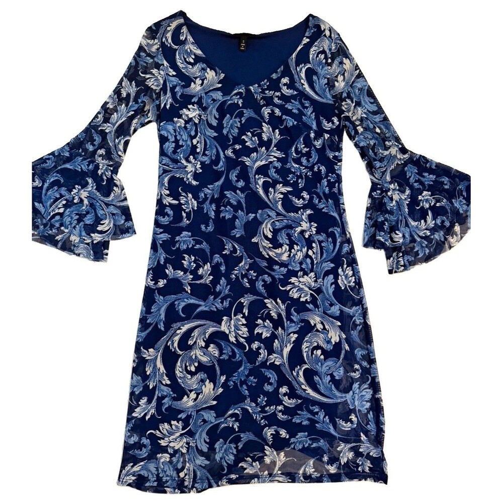 Allison Brittney Blue White Floral Bell Sleeve Shift Dress Chiffon Short Sz S